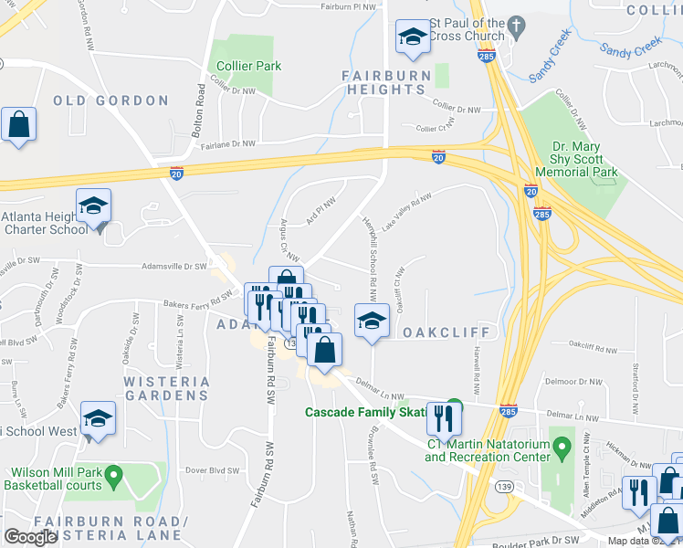 map of restaurants, bars, coffee shops, grocery stores, and more near 3490 Thompson Drive Northwest in Atlanta