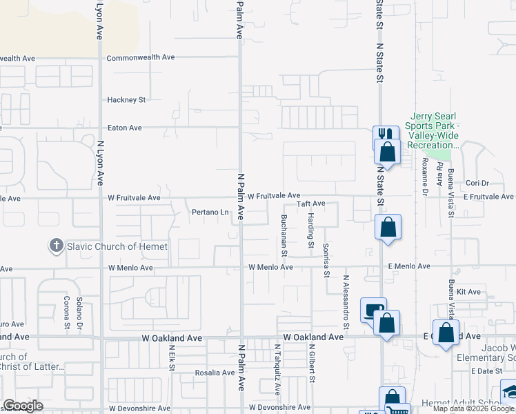 map of restaurants, bars, coffee shops, grocery stores, and more near 814 Zephyr Circle in Hemet