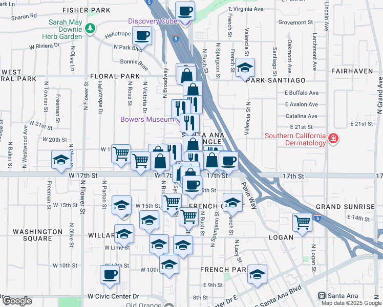 map of restaurants, bars, coffee shops, grocery stores, and more near 1903 North Main Street in Santa Ana