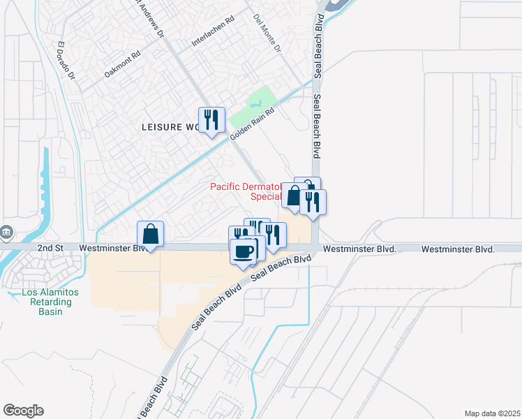 map of restaurants, bars, coffee shops, grocery stores, and more near 2 1st Street in Seal Beach