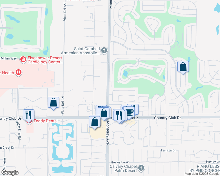 map of restaurants, bars, coffee shops, grocery stores, and more near 73450 Country Club Drive in Palm Desert