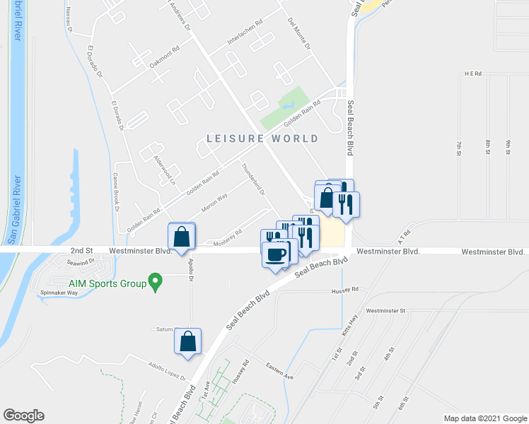 map of restaurants, bars, coffee shops, grocery stores, and more near 1641 Monterey Road in Seal Beach