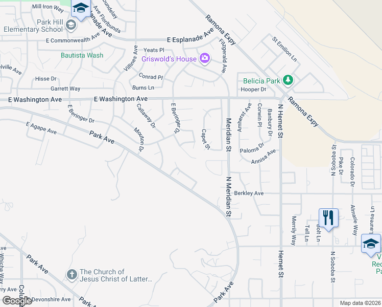 map of restaurants, bars, coffee shops, grocery stores, and more near 2357 Calona Place in San Jacinto