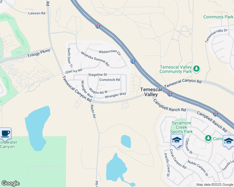 map of restaurants, bars, coffee shops, grocery stores, and more near 10416 Wrangler Way in Corona
