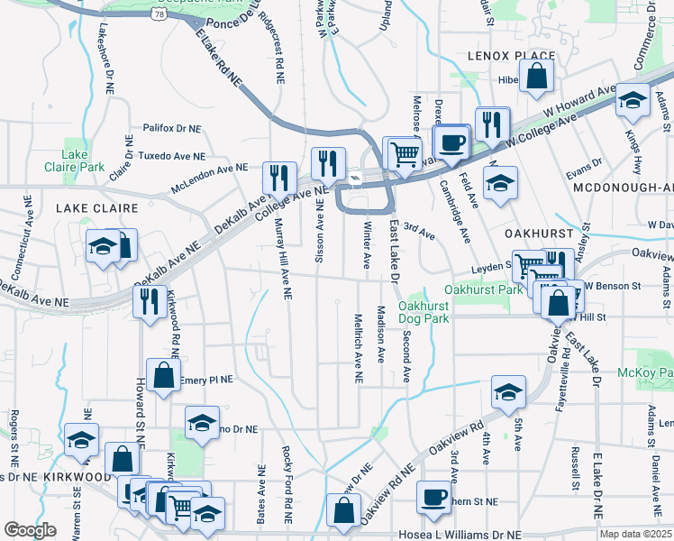 map of restaurants, bars, coffee shops, grocery stores, and more near 294 Leland Terrace Northeast in Atlanta