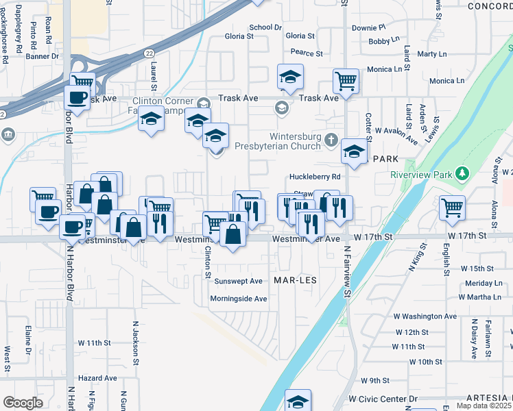 map of restaurants, bars, coffee shops, grocery stores, and more near 12651 Linnell Avenue in Garden Grove