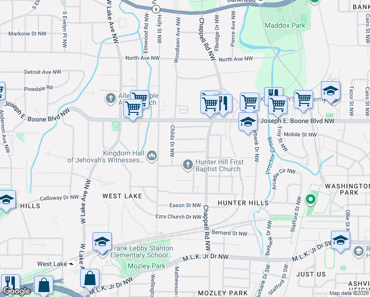 map of restaurants, bars, coffee shops, grocery stores, and more near 1440 Hawkins Street Northwest in Atlanta