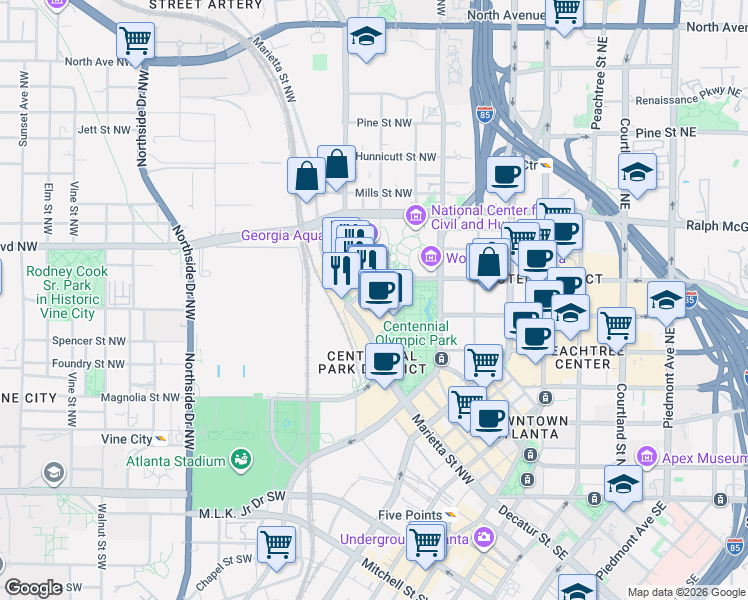 map of restaurants, bars, coffee shops, grocery stores, and more near 250 Park Avenue West Northwest in Atlanta