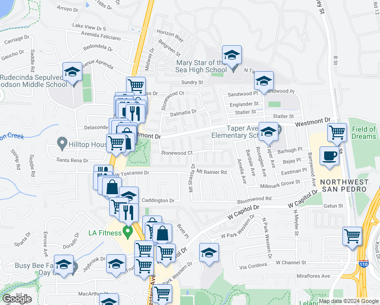 map of restaurants, bars, coffee shops, grocery stores, and more near 1311 Stonewood Court in Los Angeles