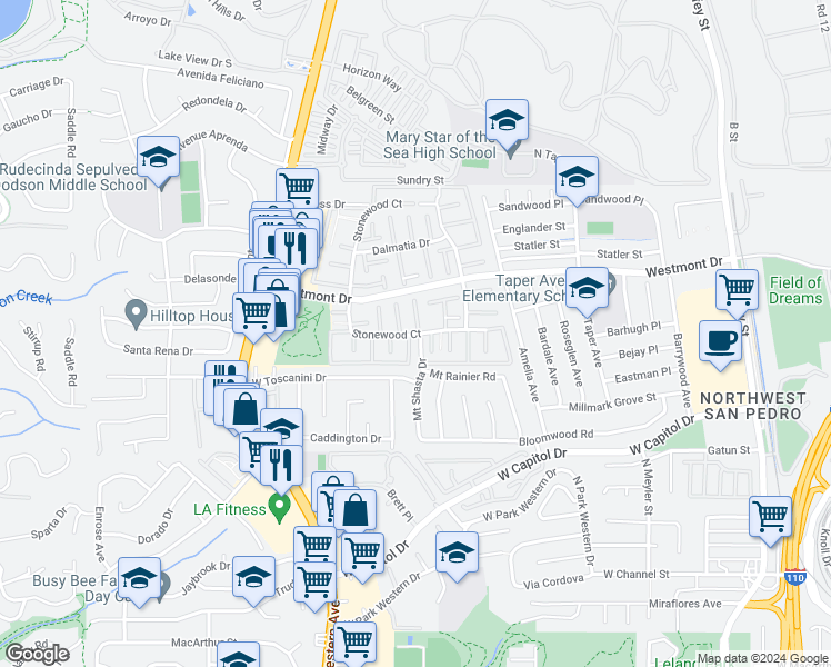 map of restaurants, bars, coffee shops, grocery stores, and more near 1413 Stonewood Court in Los Angeles