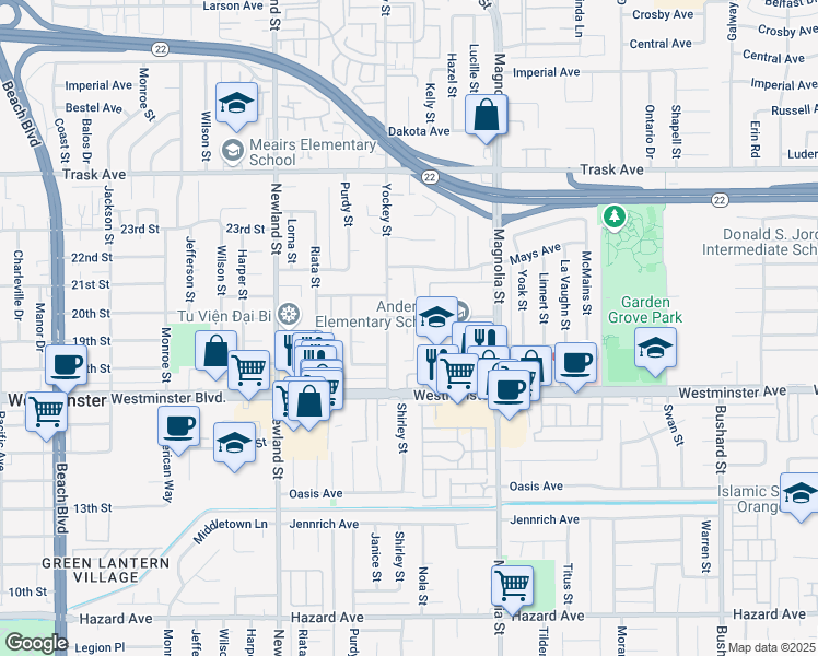 map of restaurants, bars, coffee shops, grocery stores, and more near 8784 Hewitt Place in Garden Grove