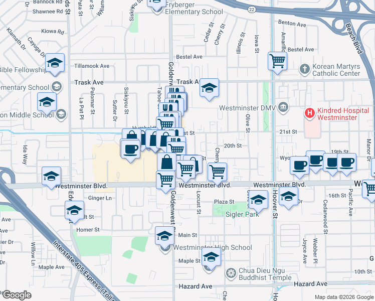 map of restaurants, bars, coffee shops, grocery stores, and more near 13771 Pine Street in Westminster