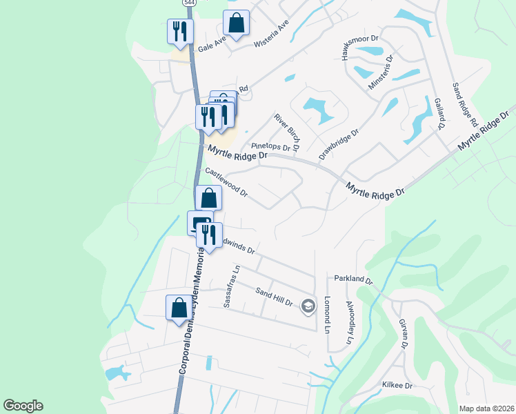 map of restaurants, bars, coffee shops, grocery stores, and more near 972 Castlewood Drive in Conway