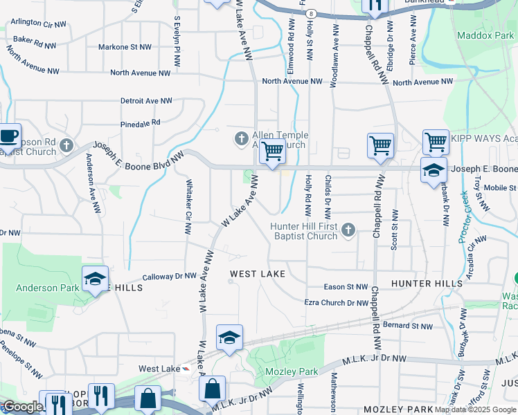 map of restaurants, bars, coffee shops, grocery stores, and more near 185 West Lake Drive Northwest in Atlanta