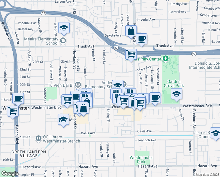 map of restaurants, bars, coffee shops, grocery stores, and more near 8784 Hewitt Place in Garden Grove