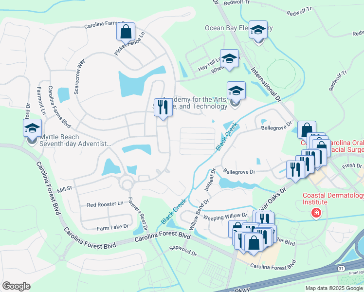 map of restaurants, bars, coffee shops, grocery stores, and more near 800 Barn Owl Court in Myrtle Beach