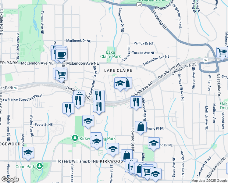 map of restaurants, bars, coffee shops, grocery stores, and more near 268 Hampton Terrace Northeast in Atlanta