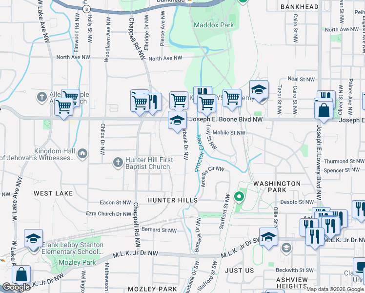 map of restaurants, bars, coffee shops, grocery stores, and more near 249 Burbank Drive Northwest in Atlanta