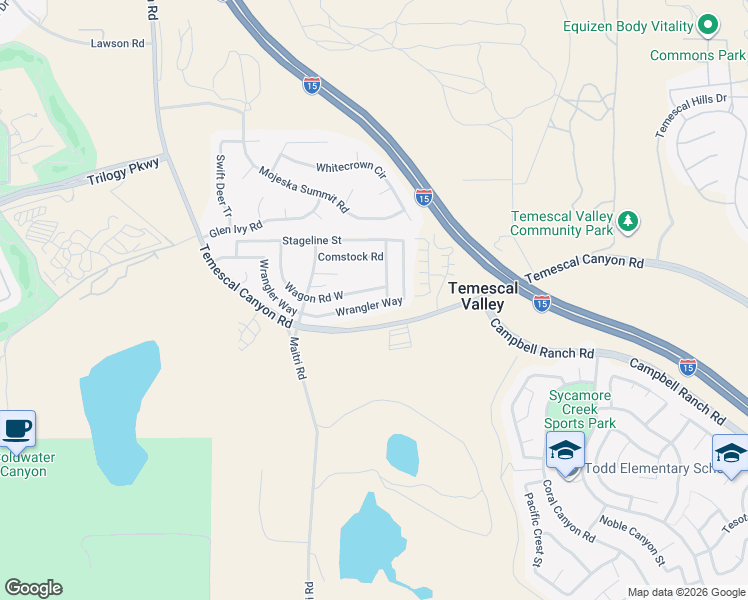 map of restaurants, bars, coffee shops, grocery stores, and more near 10416 Wrangler Way in Corona
