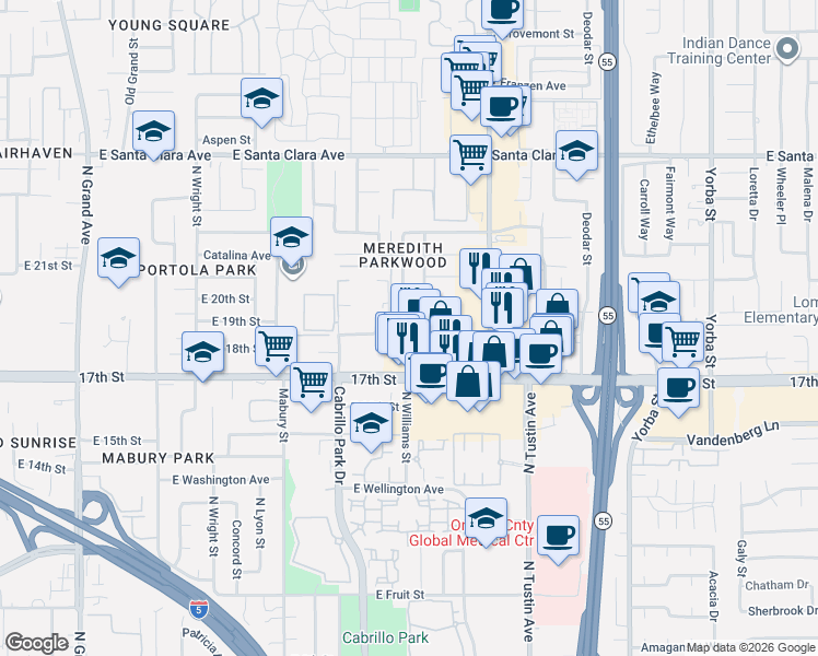 map of restaurants, bars, coffee shops, grocery stores, and more near 2014 East 20th Street in Santa Ana
