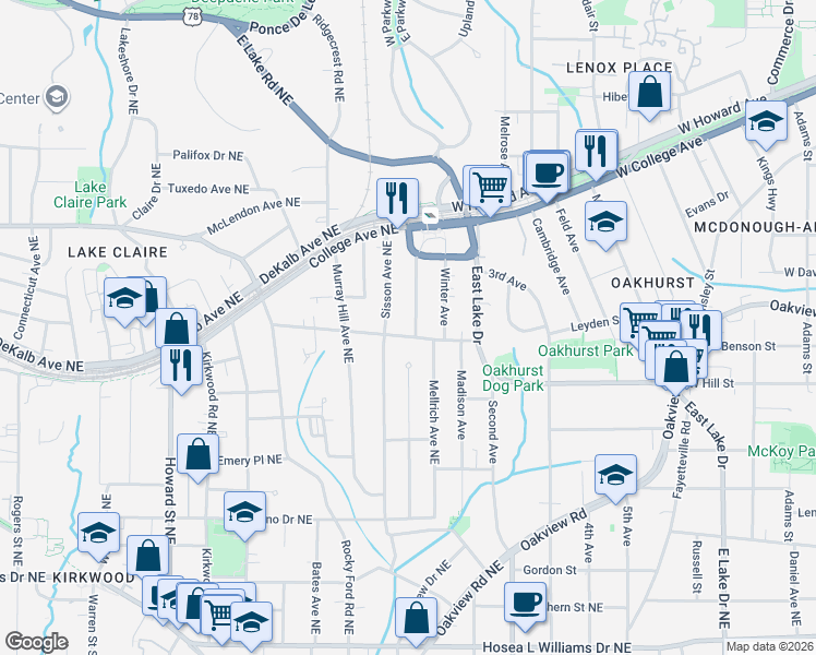 map of restaurants, bars, coffee shops, grocery stores, and more near 312 Leland Terrace Northeast in Atlanta