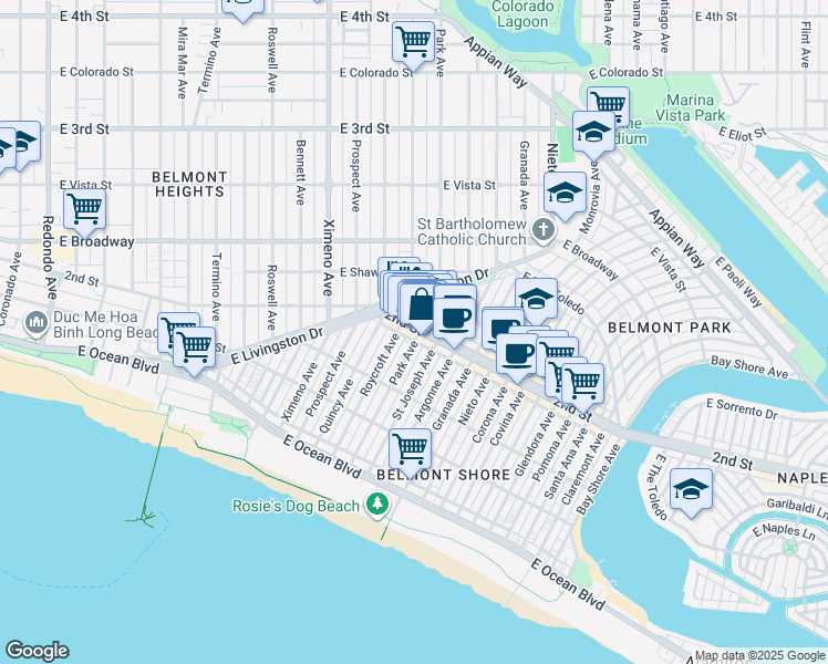 map of restaurants, bars, coffee shops, grocery stores, and more near 4701 2nd Street in Long Beach
