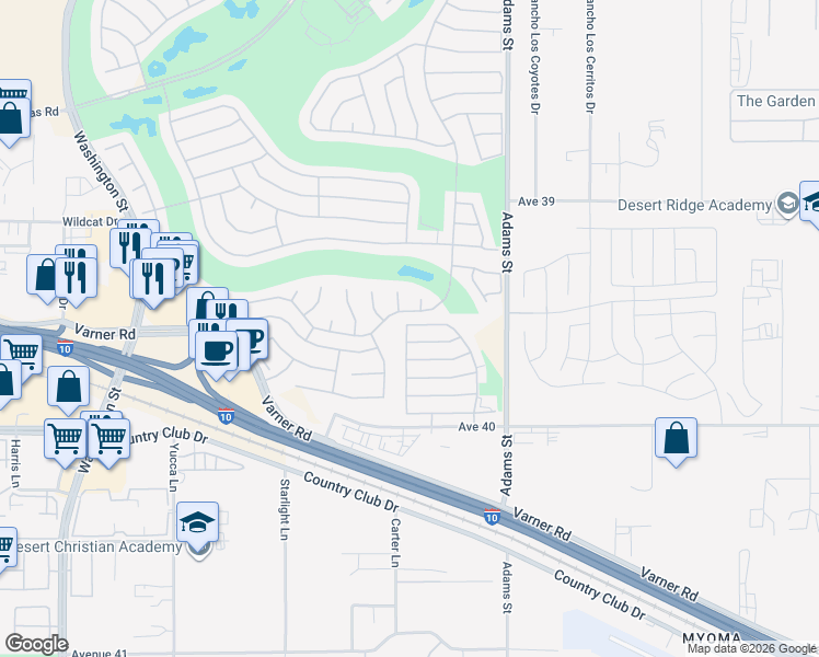 map of restaurants, bars, coffee shops, grocery stores, and more near 39340 Manorgate Road in Palm Desert
