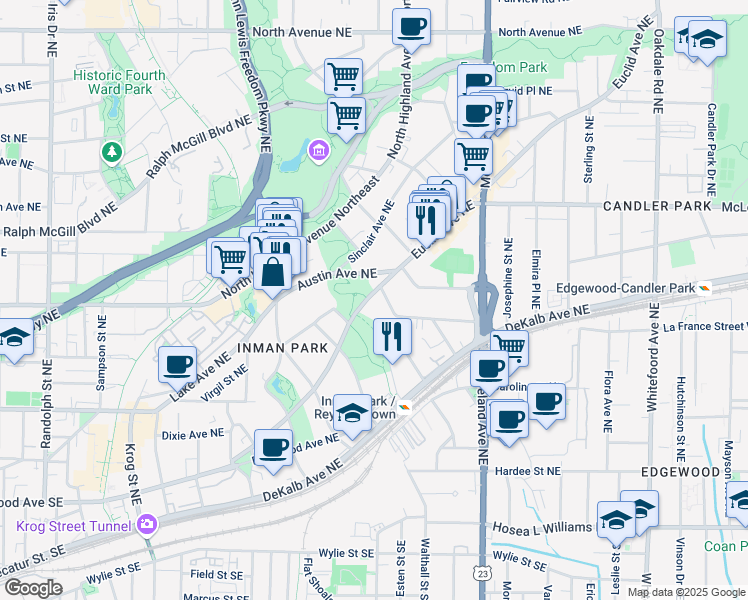 map of restaurants, bars, coffee shops, grocery stores, and more near 1013 Euclid Avenue Northeast in Atlanta
