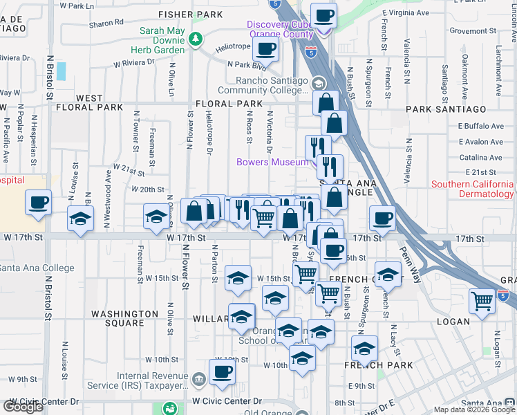 map of restaurants, bars, coffee shops, grocery stores, and more near 1914 North Victoria Drive in Santa Ana