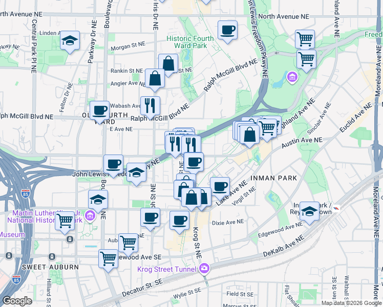 map of restaurants, bars, coffee shops, grocery stores, and more near 692 Highland Avenue Northeast in Atlanta