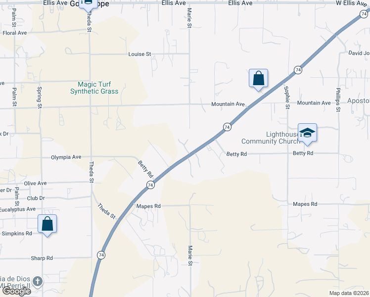 map of restaurants, bars, coffee shops, grocery stores, and more near 24755 California 74 in Perris
