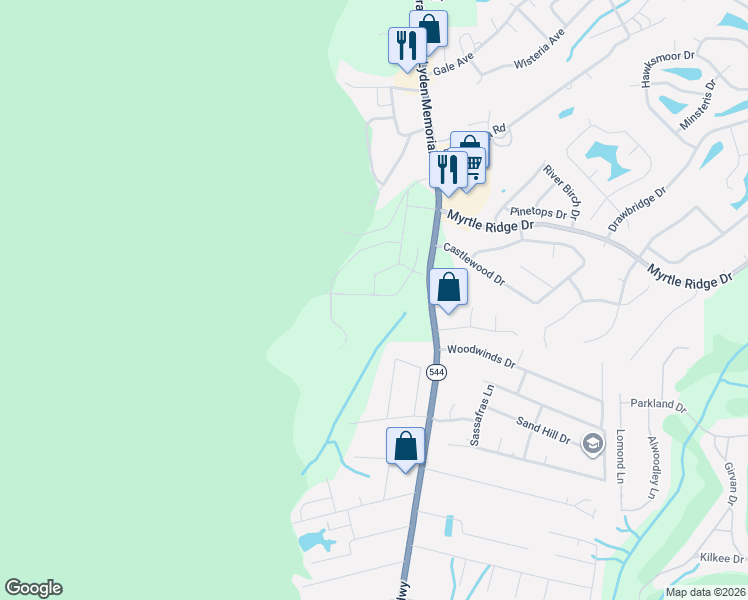 map of restaurants, bars, coffee shops, grocery stores, and more near 1022 Woodfield Circle in Conway