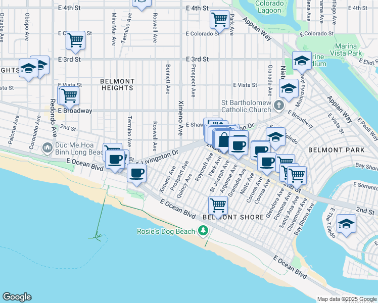 map of restaurants, bars, coffee shops, grocery stores, and more near 167 Prospect Avenue in Long Beach