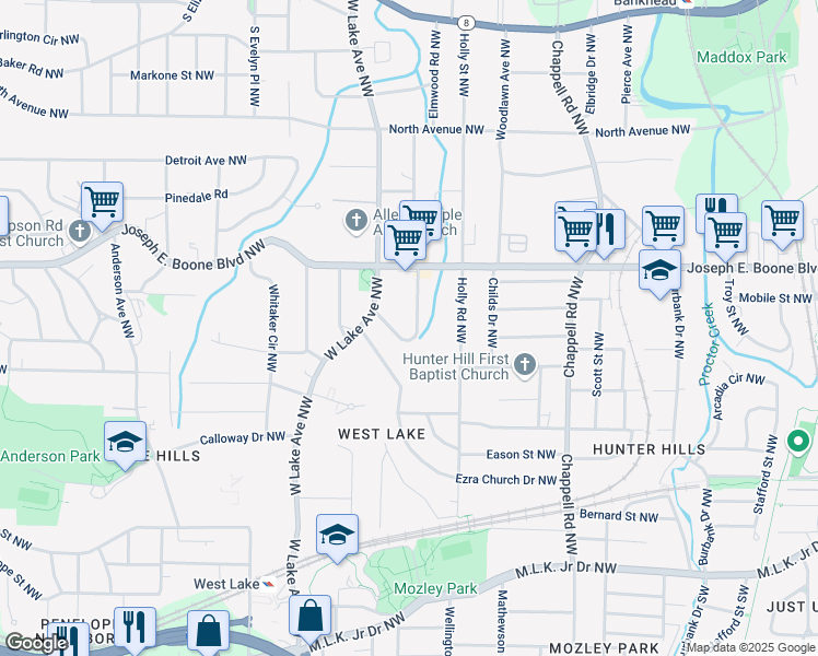 map of restaurants, bars, coffee shops, grocery stores, and more near 240 West Lake Drive Northwest in Atlanta