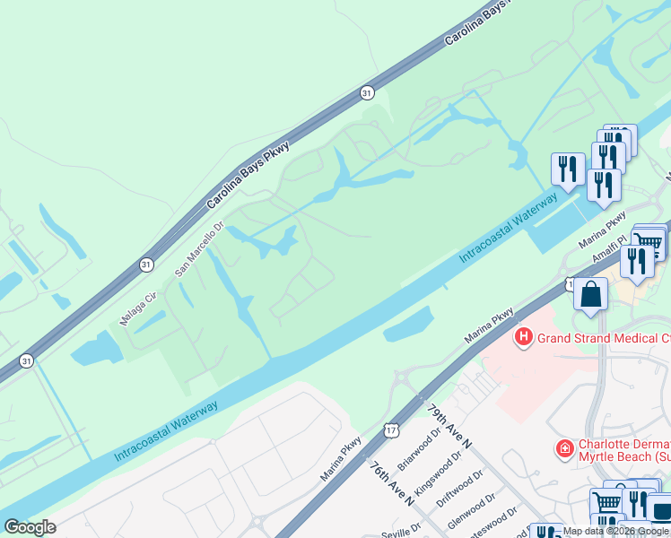 map of restaurants, bars, coffee shops, grocery stores, and more near 9429 Venezia Circle in Myrtle Beach