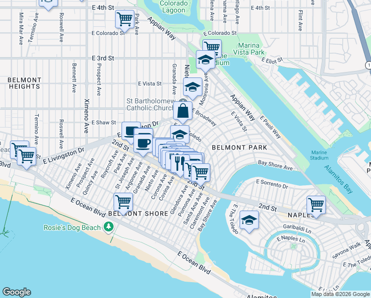map of restaurants, bars, coffee shops, grocery stores, and more near 237 Covina Avenue in Long Beach