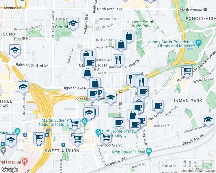 map of restaurants, bars, coffee shops, grocery stores, and more near 536 Highland Avenue Northeast in Atlanta