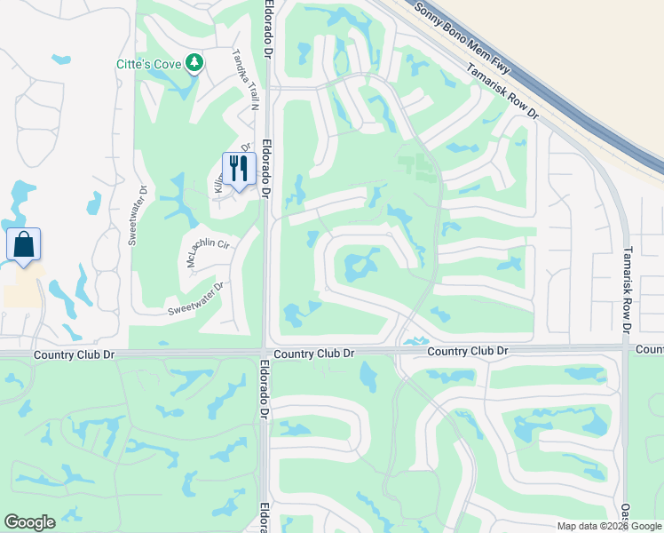 map of restaurants, bars, coffee shops, grocery stores, and more near 76269 Sweet Pea Way in Palm Desert