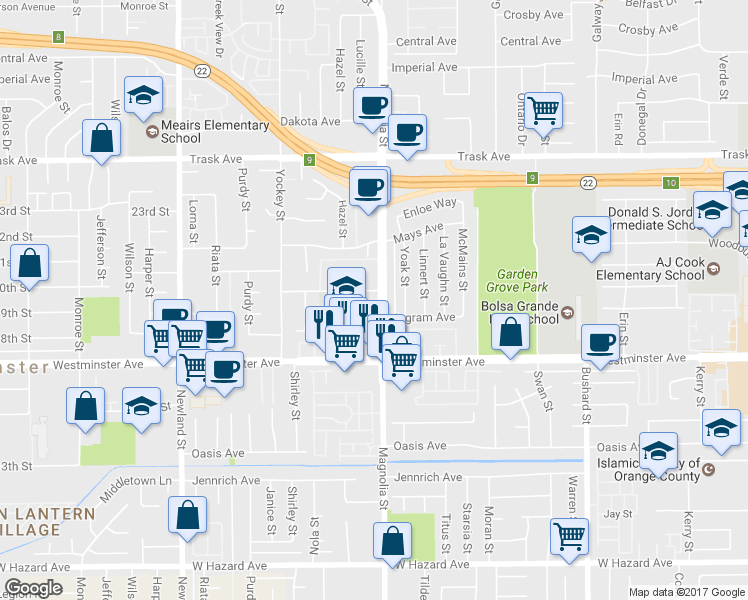 map of restaurants, bars, coffee shops, grocery stores, and more near 13839 Magnolia Street in Garden Grove