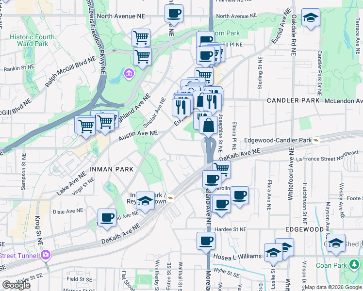 map of restaurants, bars, coffee shops, grocery stores, and more near 1107 Austin Avenue Northeast in Atlanta