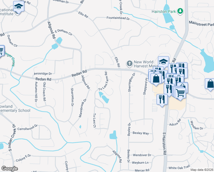 map of restaurants, bars, coffee shops, grocery stores, and more near 1118 To Lani Farm Road in Stone Mountain