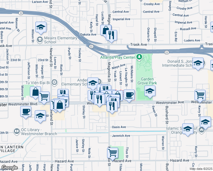 map of restaurants, bars, coffee shops, grocery stores, and more near 13839 Magnolia Street in Garden Grove