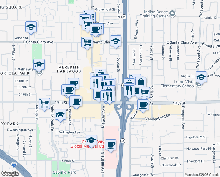 map of restaurants, bars, coffee shops, grocery stores, and more near 13862 Ponderosa Street in Santa Ana
