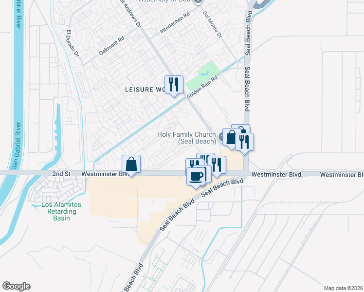 map of restaurants, bars, coffee shops, grocery stores, and more near 1641 Monterey Road in Seal Beach