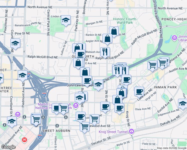 map of restaurants, bars, coffee shops, grocery stores, and more near 522 Highland Avenue Northeast in Atlanta