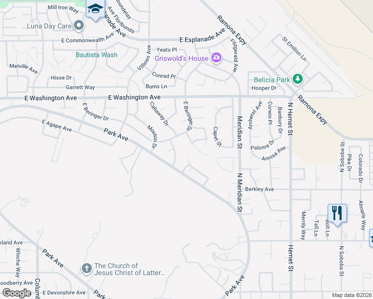map of restaurants, bars, coffee shops, grocery stores, and more near 3702 English Drive in Hemet