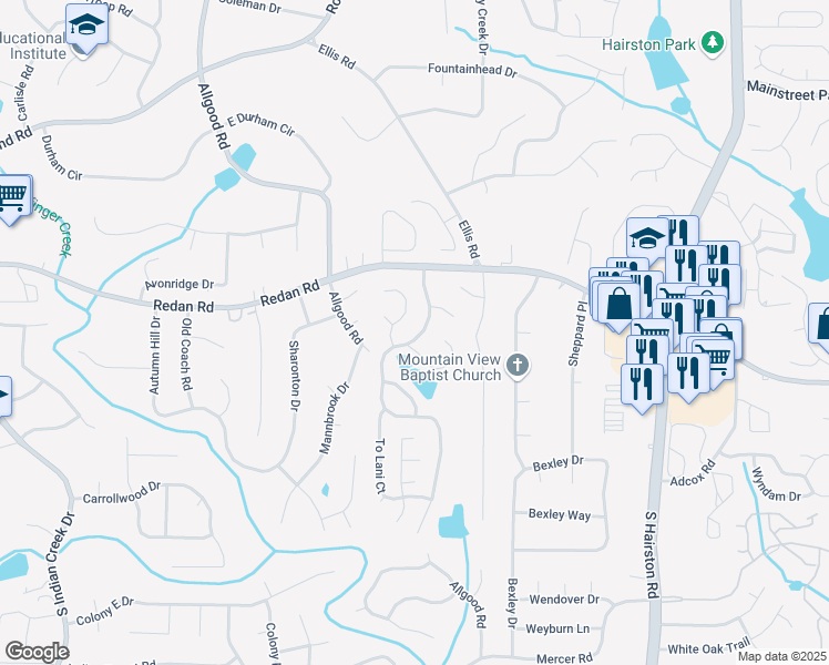 map of restaurants, bars, coffee shops, grocery stores, and more near 1123 To Lani Farm Road in Stone Mountain