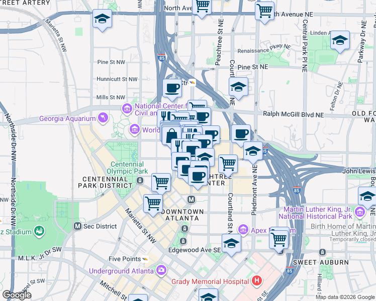 map of restaurants, bars, coffee shops, grocery stores, and more near 270 Peachtree Street in Atlanta