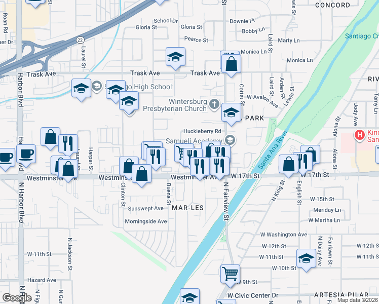 map of restaurants, bars, coffee shops, grocery stores, and more near 2706 Strawberry Lane in Santa Ana