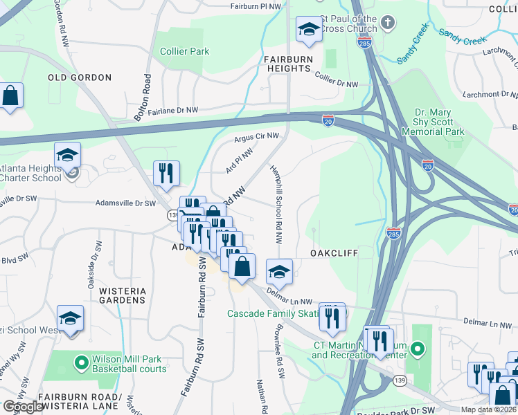 map of restaurants, bars, coffee shops, grocery stores, and more near 3486 Thompson Drive Northwest in Atlanta